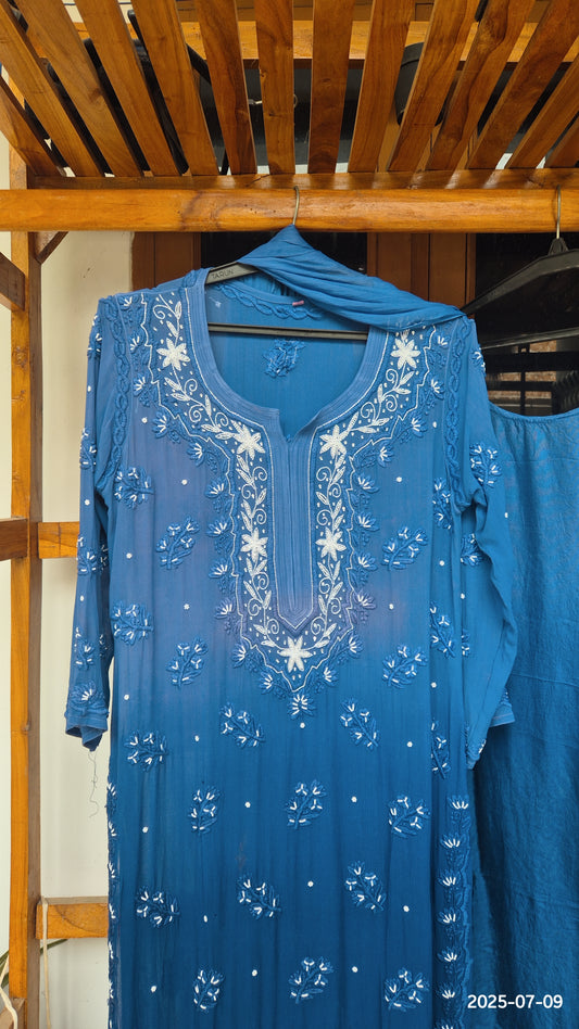 Noori turquoise ombre premium georgette chikankari kurta with pearls and cutdana embroidery, handmade in Lucknow by LVW Fashions.
