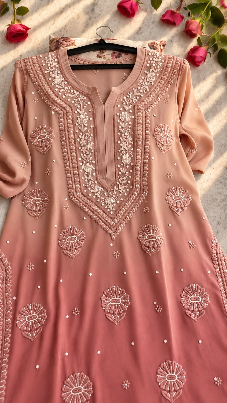 Old terracotta Noori premium georgette Chikankari kurta with pearls and cutdana embroidery by LVW Fashions, handmade Lucknow Chikankari kurta.