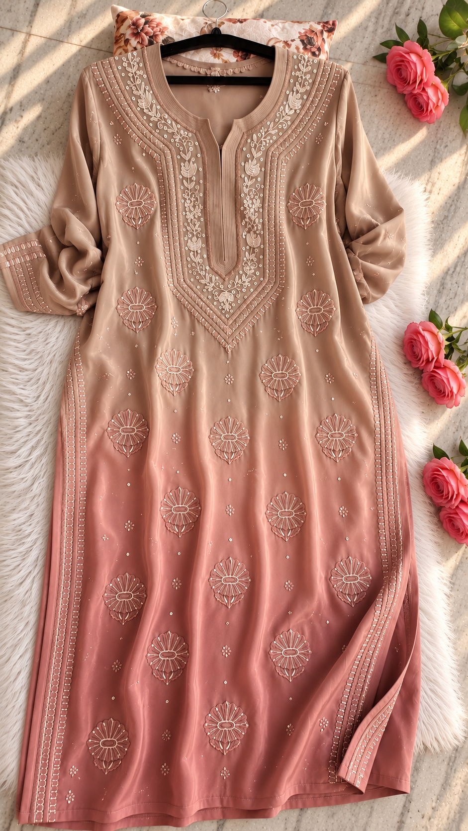 Old terracotta Noori premium georgette chikankari kurta with pearls and cutdana embroidery, handmade by LVW Fashions in Lucknow.