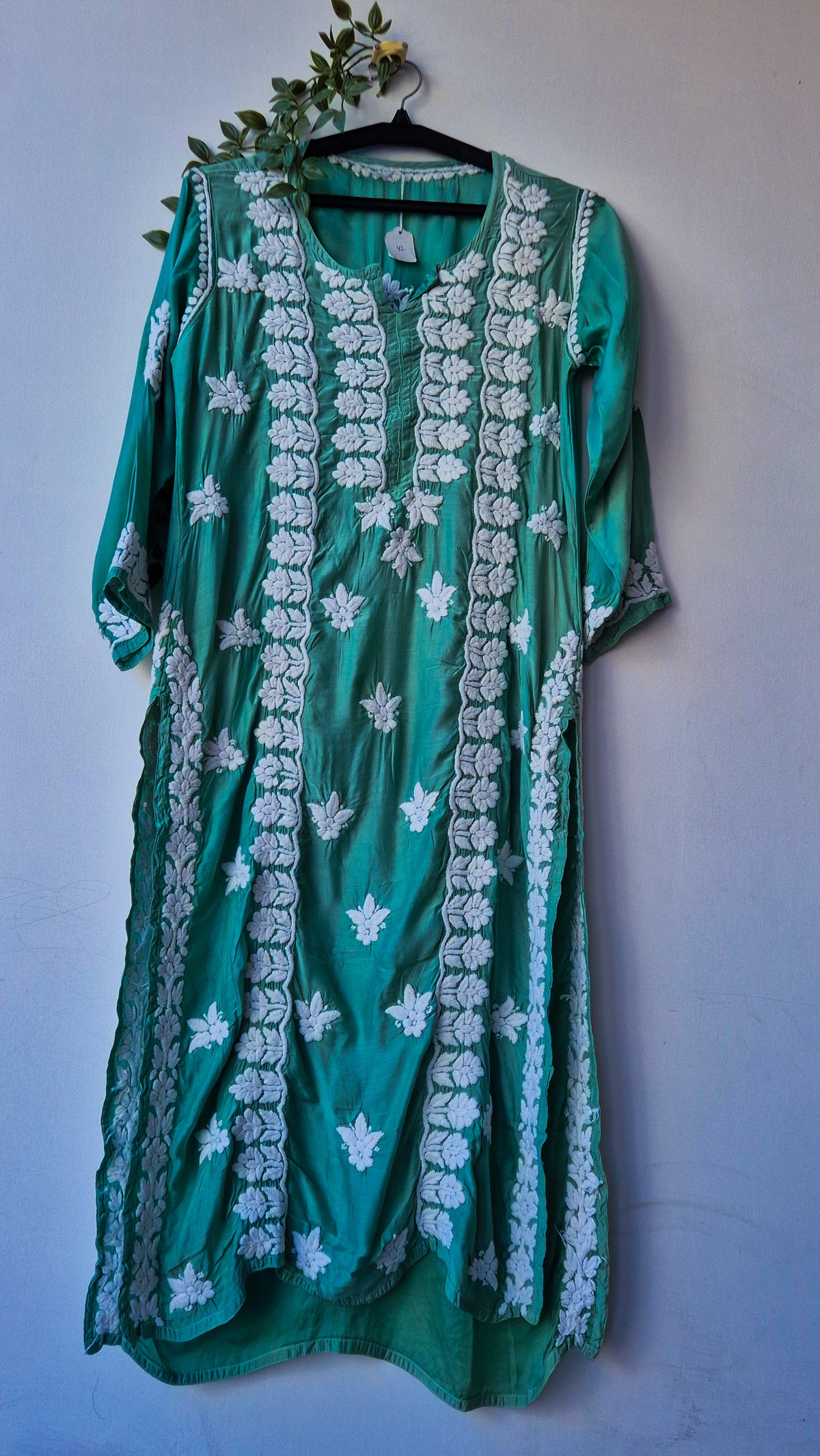 Olive luxury silk long kurti with intricate Lucknow chikankari embroidery by LVW Fashions, handmade and elegant for special occasions.