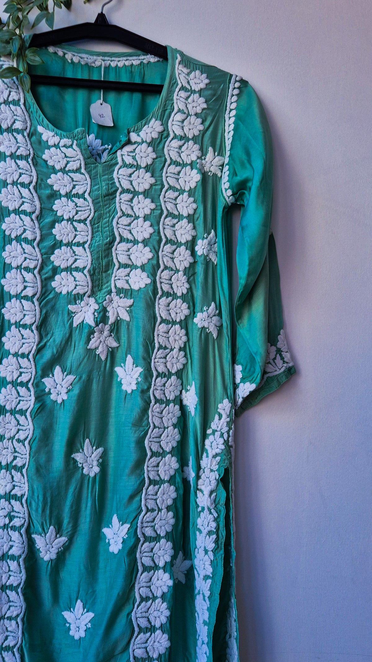 Olive premium silk Chikankari long kurti by LVW Fashions, handmade Lucknow chikankari with luxurious look and intricate embroidery.