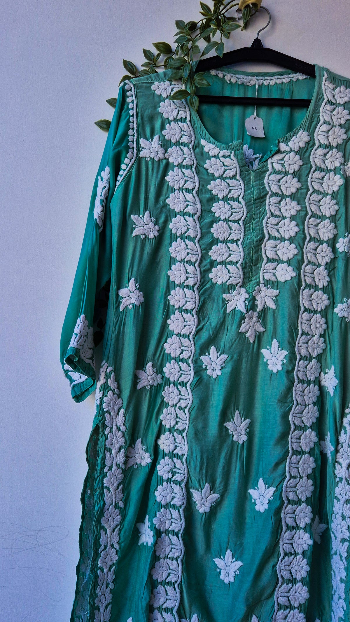 Olive premium silk long kurti with intricate Lucknow chikankari embroidery, handmade by LVW Fashions for a luxurious look.