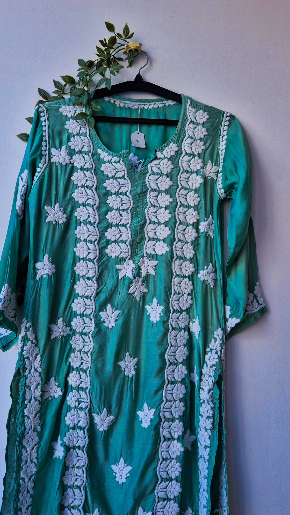 Olive green silk long kurti with intricate handmade Lucknow chikankari embroidery, luxurious look, by LVW Fashions.