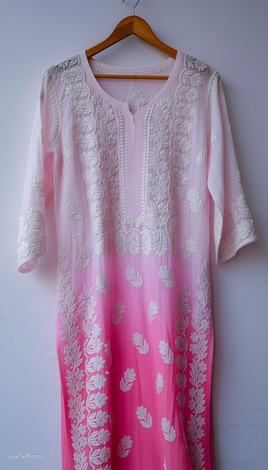 Ombre love Shanaya premium georgette long kurta with intricate chikankari embroidery, neck daman detail, handmade in Lucknow by LVW Fashions.