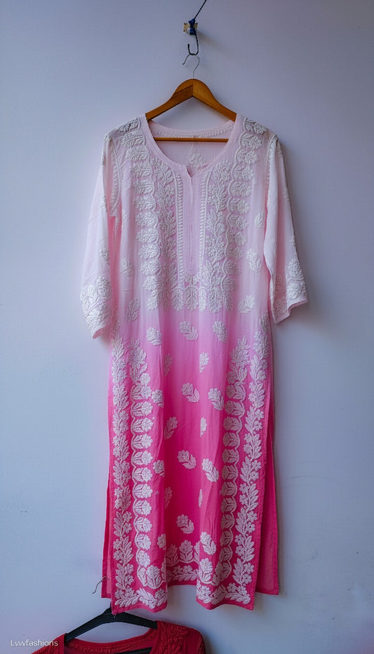 Ombre love Shanaya premium georgette Chikankari long kurta with embroidery, featuring neck and daman details, handmade in Lucknow.