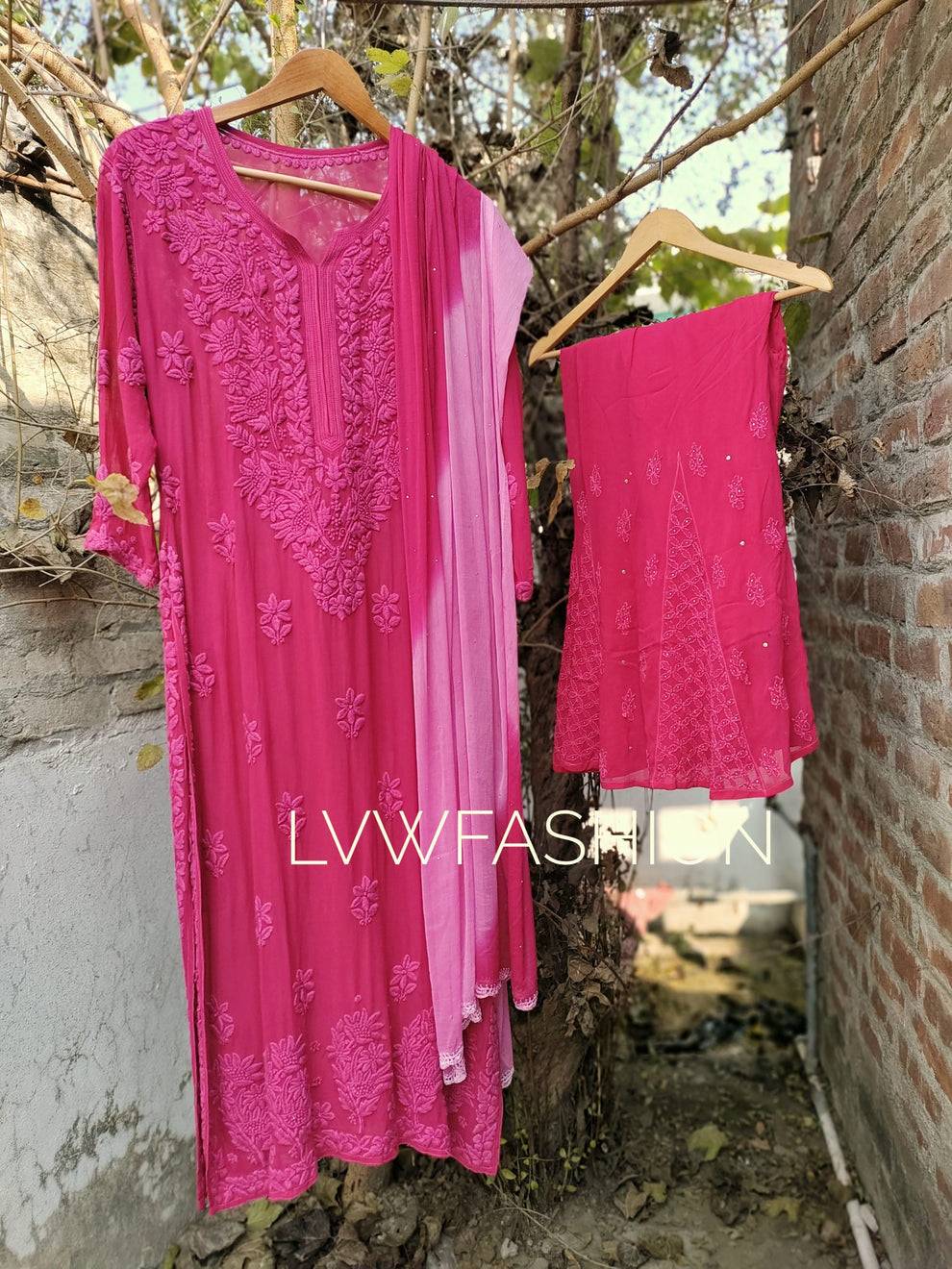 Ombre love Shanaya premium georgette long kurta with intricate Lucknow chikankari embroidery and neck daman detail.