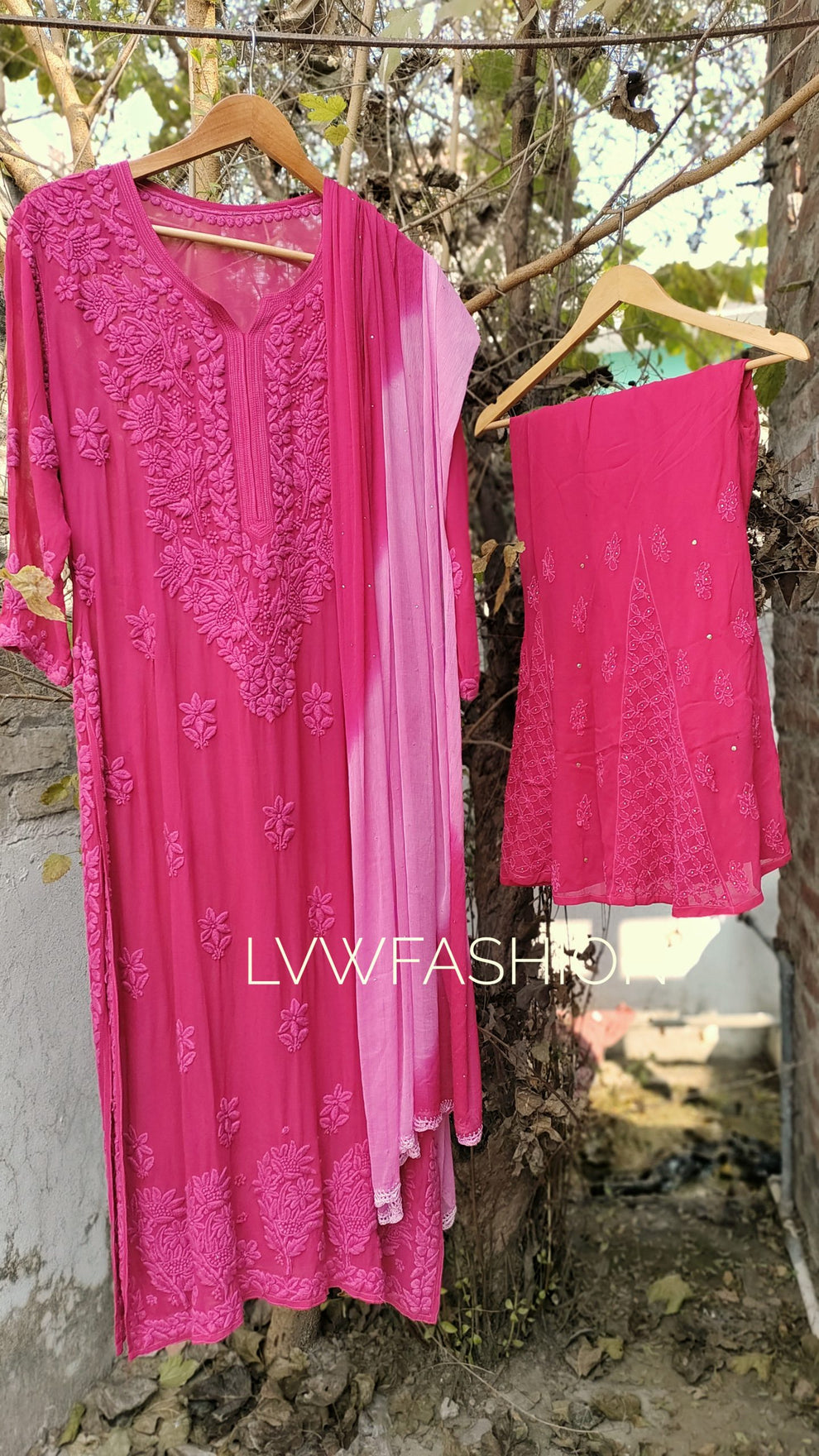Ombre love Shanaya premium georgette Chikankari long kurta with neck and daman embroidery, handmade in Lucknow by LVW Fashions.