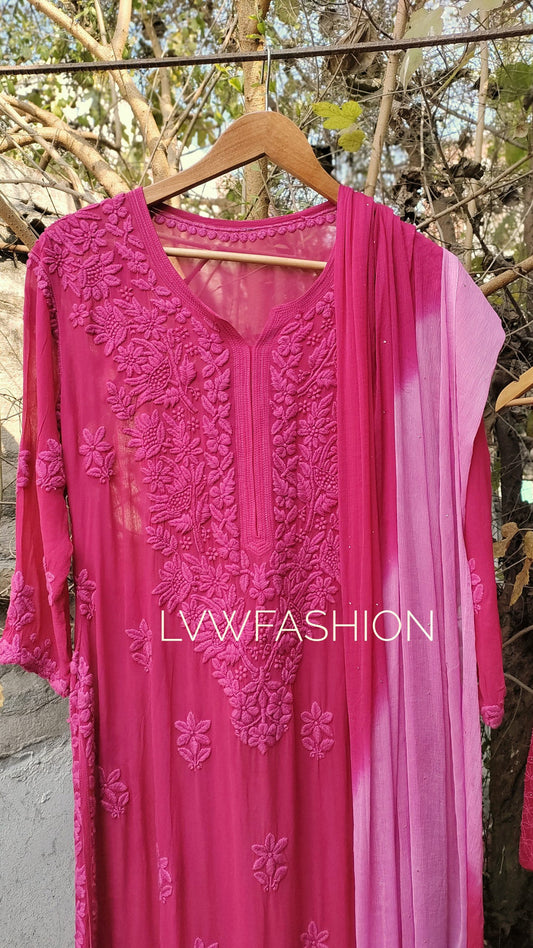 Ombre love Shanaya premium georgette long kurta with intricate Lucknow chikankari embroidery and neck daman detailing.