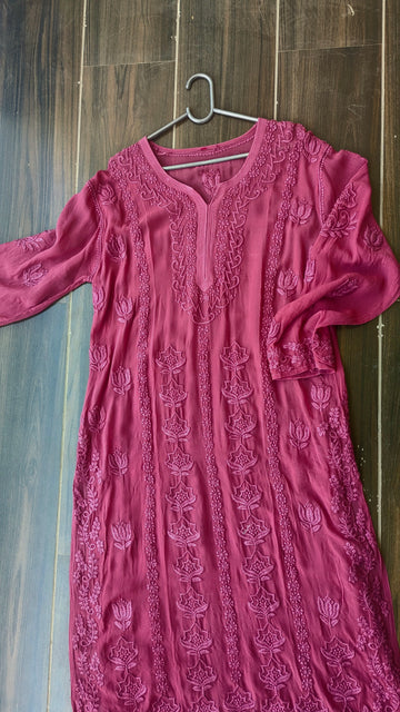 Onion Shade Lotus motifs Premium Georgette luxurious Chikankari Long Kurta Heavy Embroidery with Light weight