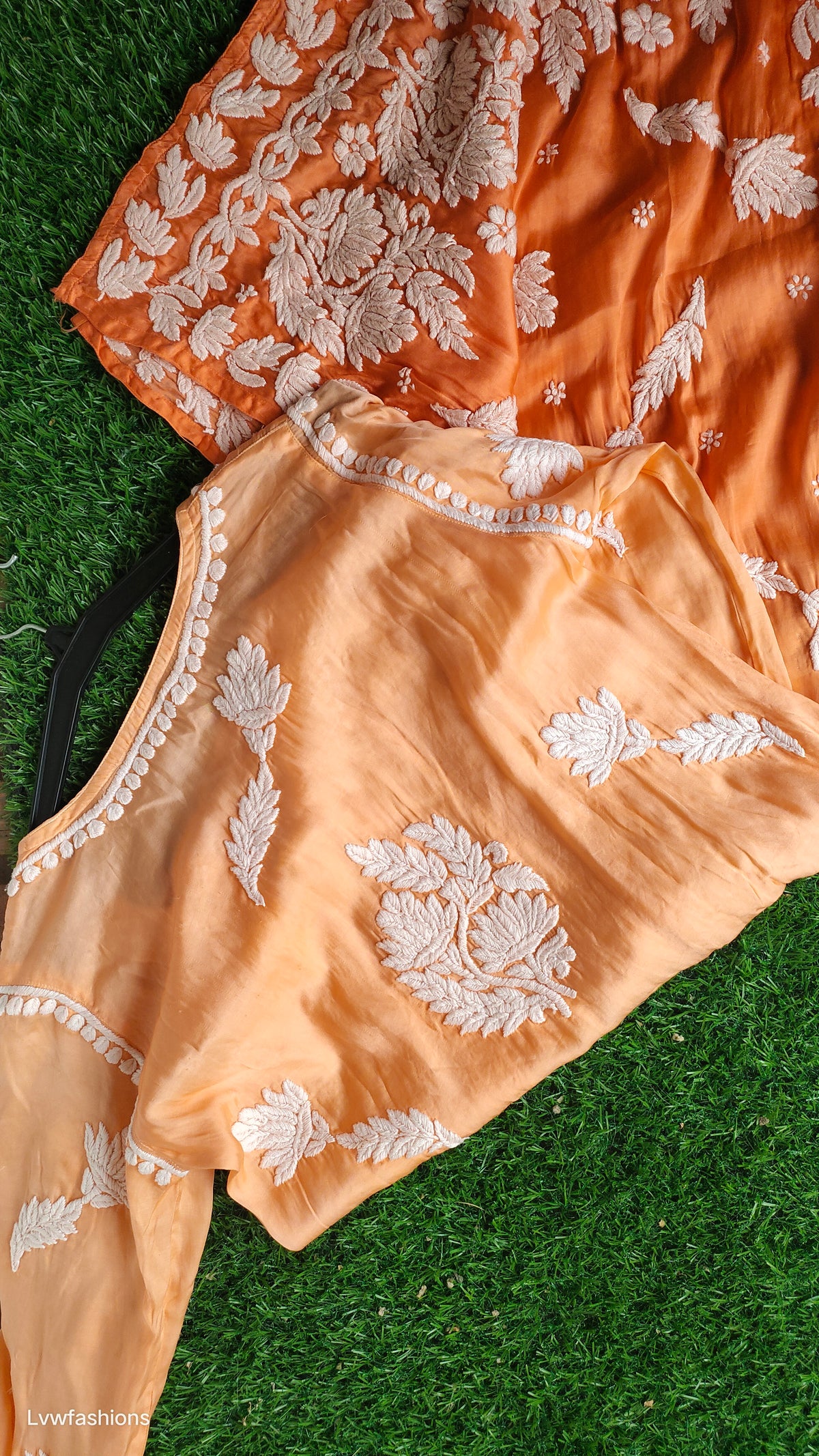 Orange ombre premium silk chikankari kurta by LVW Fashions, showcasing intricate hand-stitched Lucknow chikankari details.