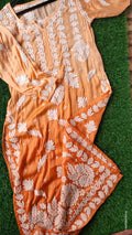 Orange ombre premium silk Chikankari kurta by LVW Fashions featuring intricate handmade Lucknow embroidery.