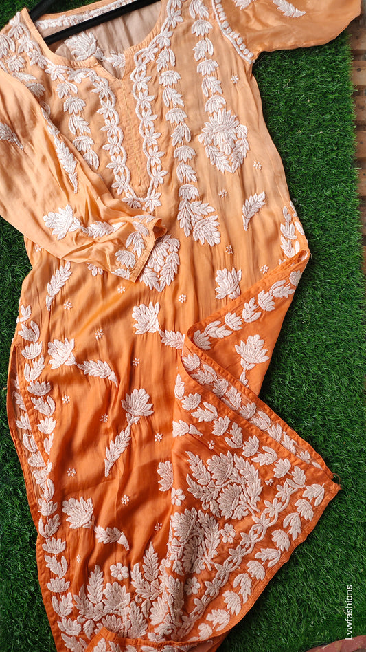 Orange ombre premium silk Chikankari kurta by LVW Fashions featuring intricate handmade Lucknow embroidery.