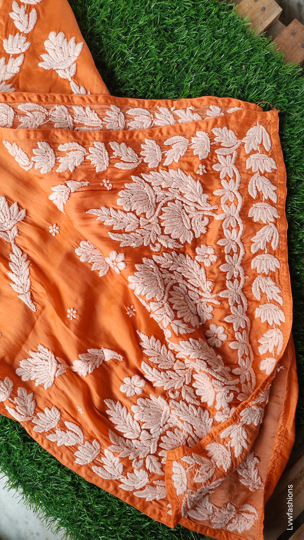 Orange ombre luxury silk Kurta with intricate handmade Lucknow Chikankari by LVW Fashions.
