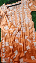 Orange ombre premium silk chikankari kurta by LVW Fashions, luxurious handmade Lucknow chikankari with intricate embroidery.