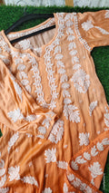 Orange ombre premium silk chikankari kurta by LVW Fashions, handcrafted luxury with intricate Lucknow embroidery.