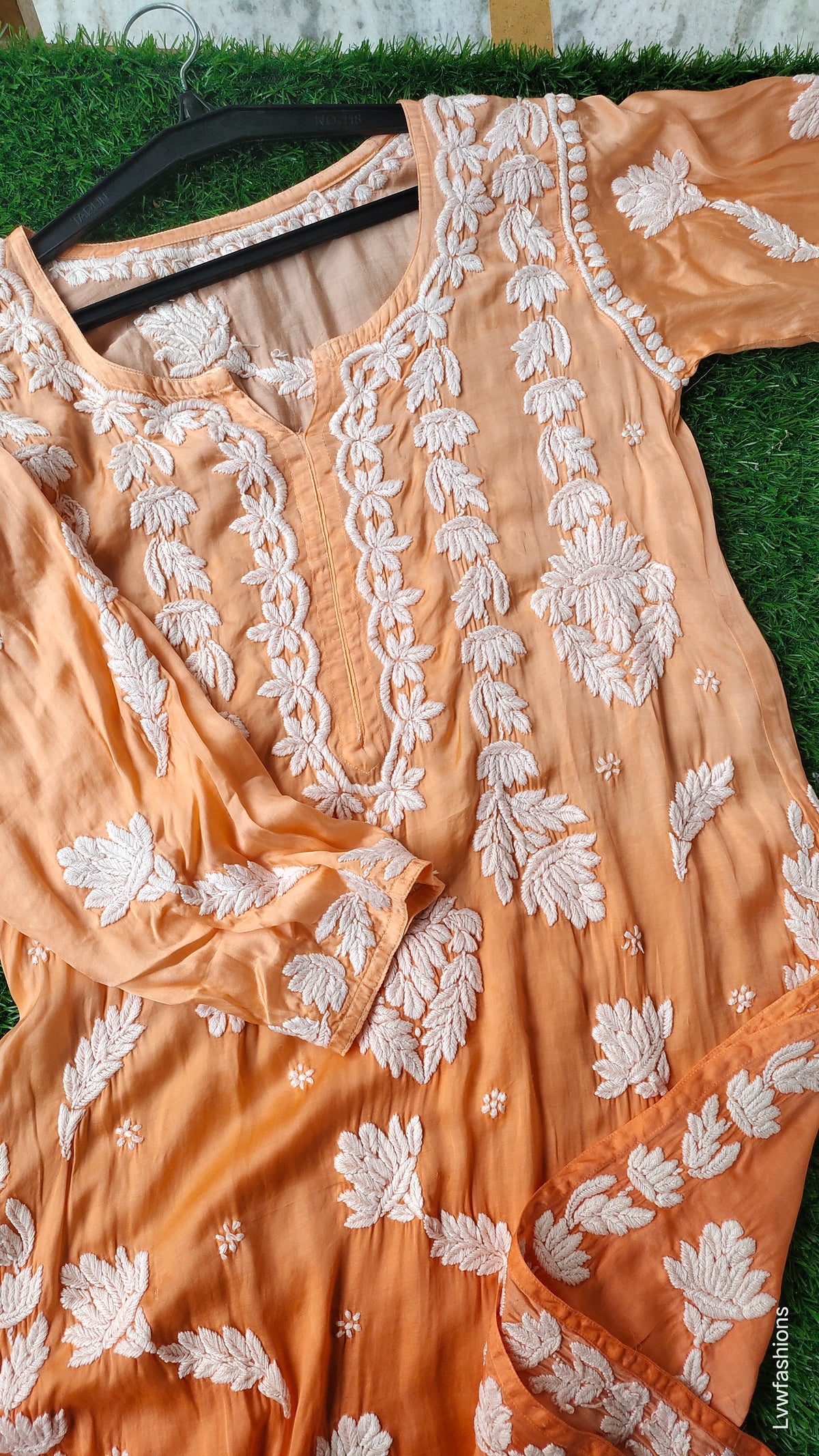 Orange ombre premium silk chikankari kurta by LVW Fashions, handcrafted luxury with intricate Lucknow embroidery.