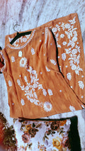 Orange Sunflower Premium Silk Chikankari Kurta by LVW Fashions, handmade Lucknow chikankari with intricate embroidery.