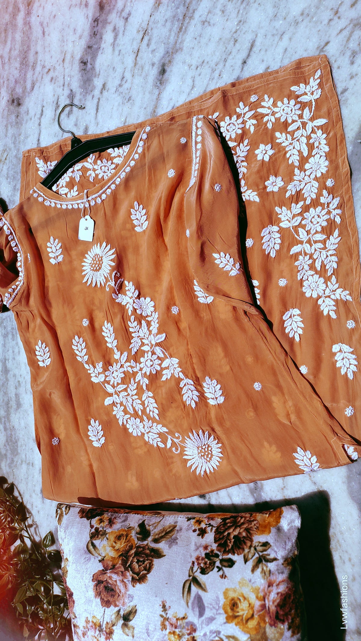 Orange Sunflower Premium Silk Chikankari Kurta by LVW Fashions, handmade Lucknow chikankari with intricate embroidery.