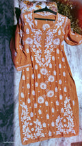 Orange Sunflower premium silk Chikankari Kurta by LVW Fashions, handmade Lucknow Chikankari with intricate embroidery.