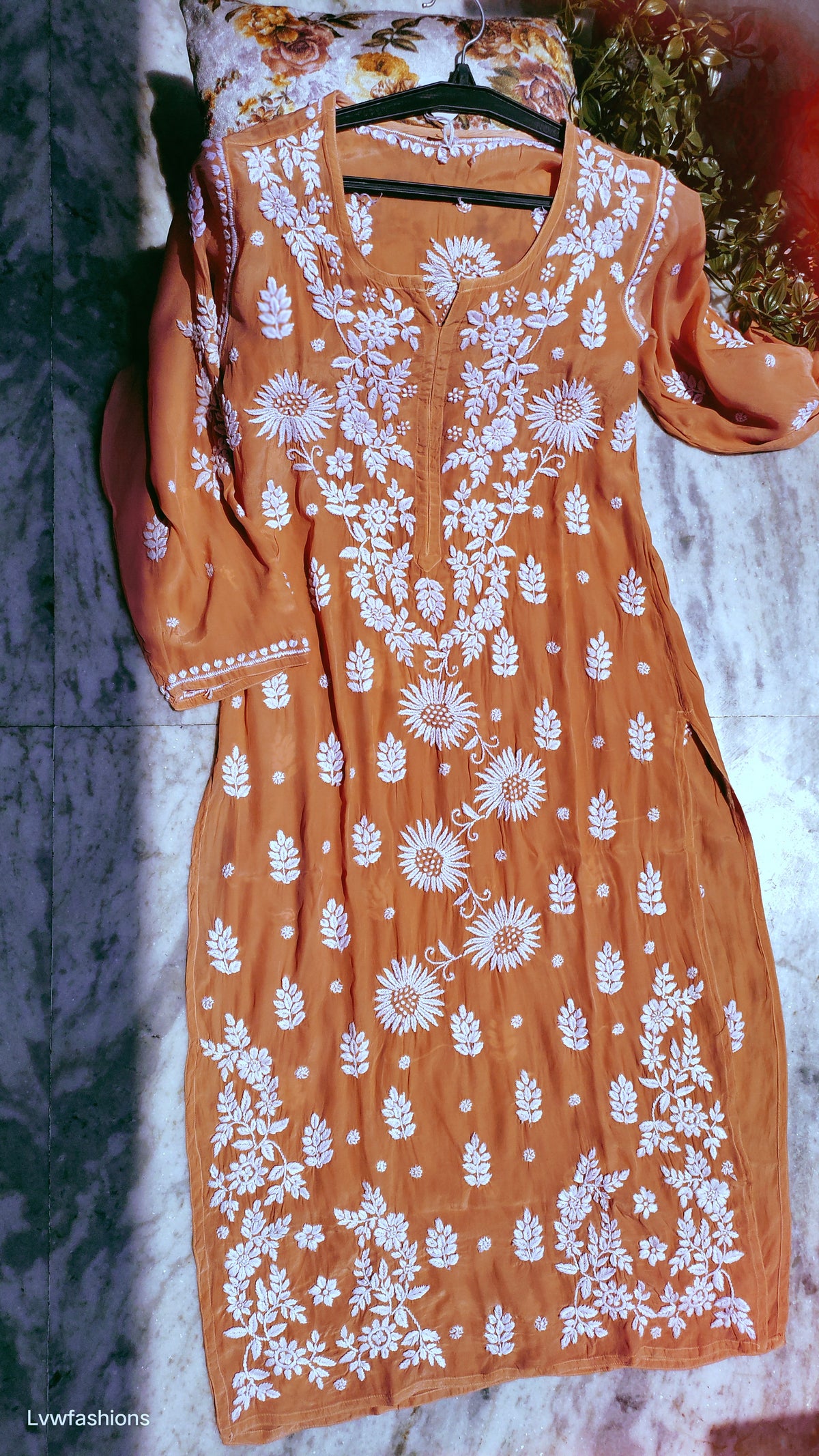 Orange Sunflower premium silk Chikankari Kurta by LVW Fashions, handmade Lucknow Chikankari with intricate embroidery.
