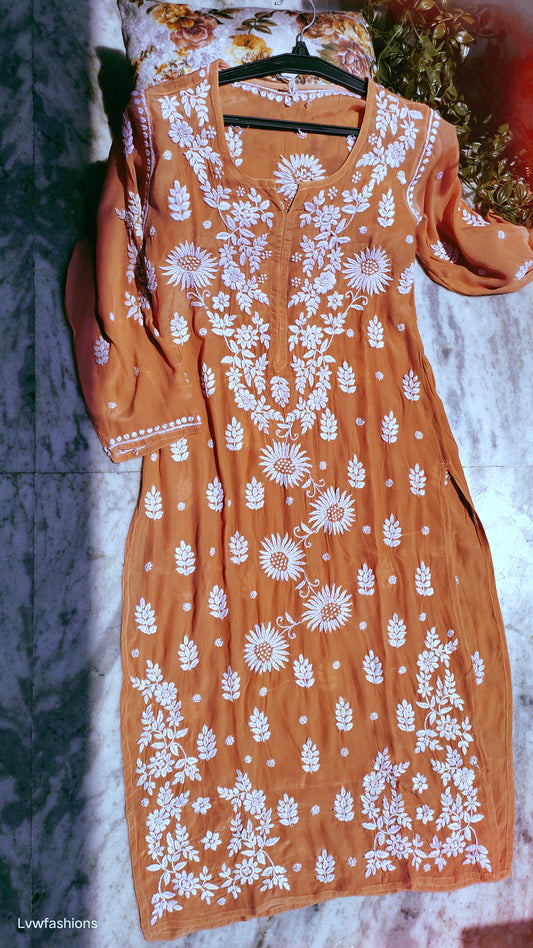 Orange Sunflower premium silk Chikankari Kurta by LVW Fashions, handmade Lucknow Chikankari with intricate embroidery.