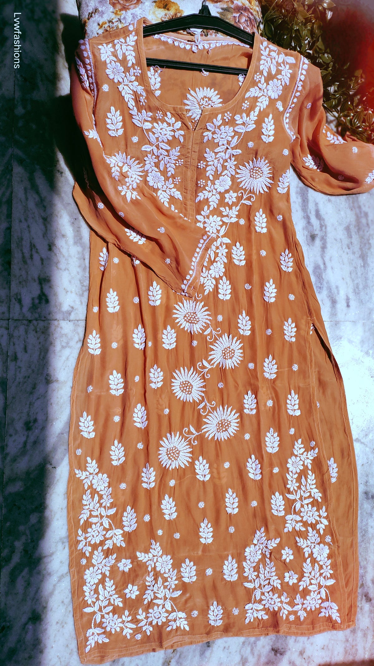 Orange Sunflower Silk Chikankari Kurta by LVW Fashions, handmade Lucknow chikankari embroidered kurta with floral design.