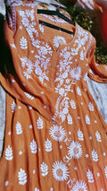 Orange Sunflower premium silk Chikankari Kurta by LVW Fashions, featuring intricate handmade Lucknow embroidery.