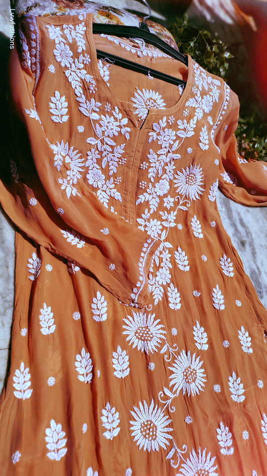 Orange Sunflower premium silk Chikankari Kurta by LVW Fashions, featuring intricate handmade Lucknow embroidery.