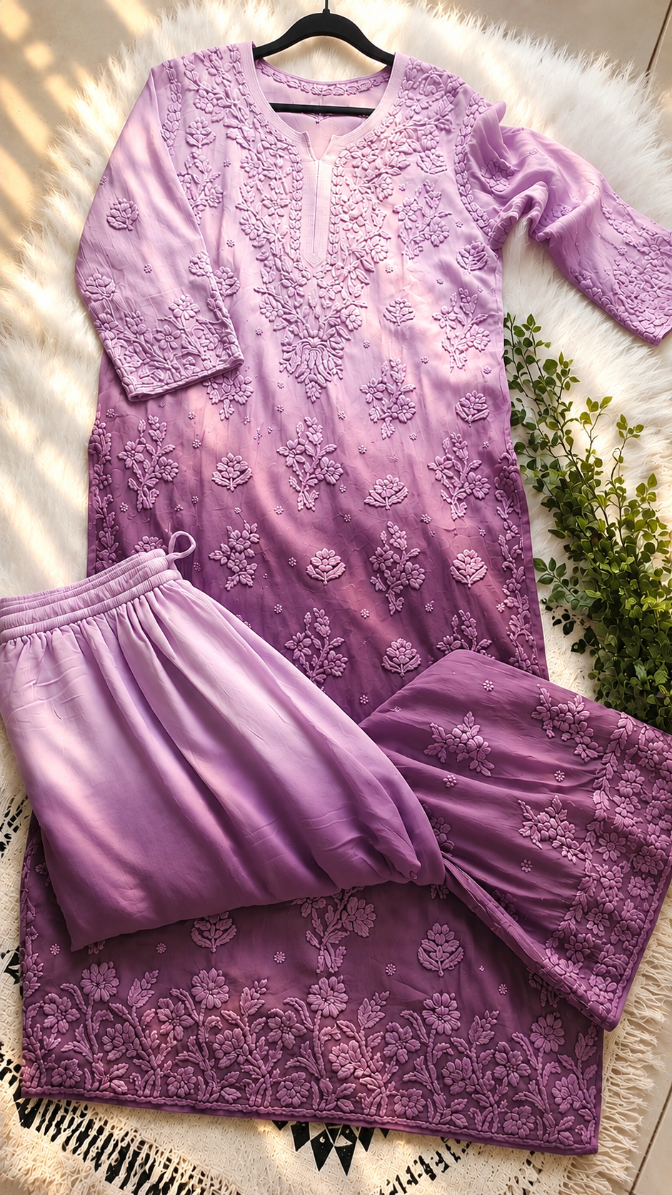 Orchid Ombre LVW Fashions luxurious Georgette Chikankari long kurta with heavy embroidery and lightweight feel, handcrafted in Lucknow.
