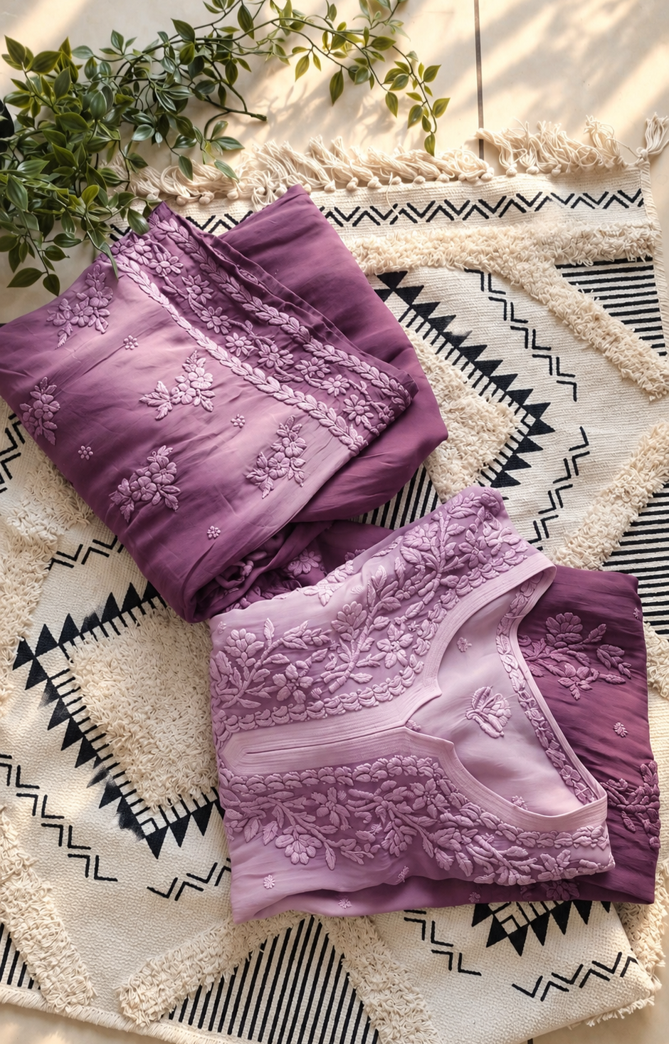 Orchid Ombre Premium Georgette Chikankari Long Kurta by LVW Fashions with heavy embroidery and lightweight, luxurious handcrafted Lucknow Chikankari.