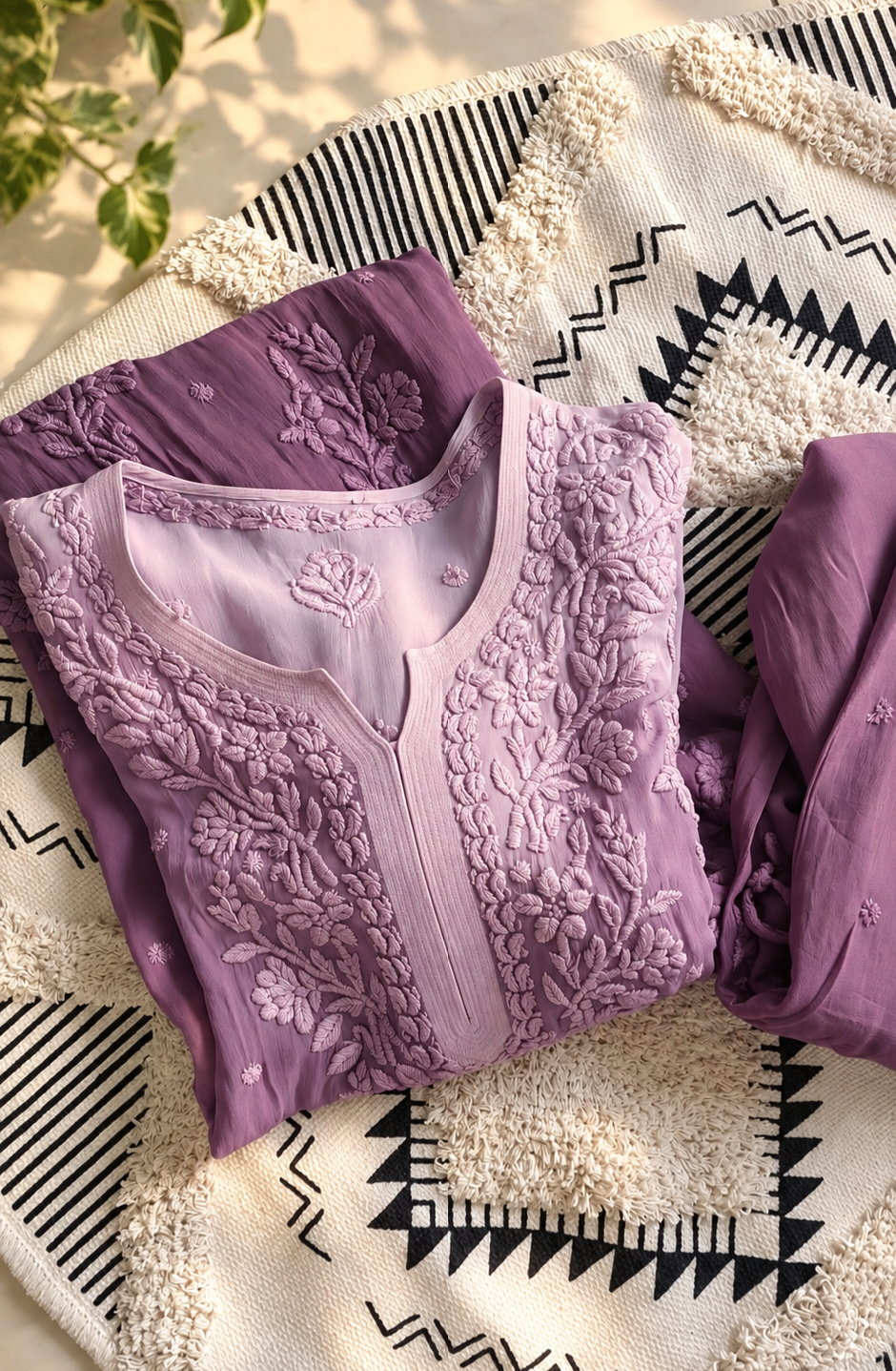 LVW Fashions Orchid Ombre Georgette Chikankari Long Kurta with heavy embroidery, luxurious handmade Lucknow Chikankari, lightweight and elegant.