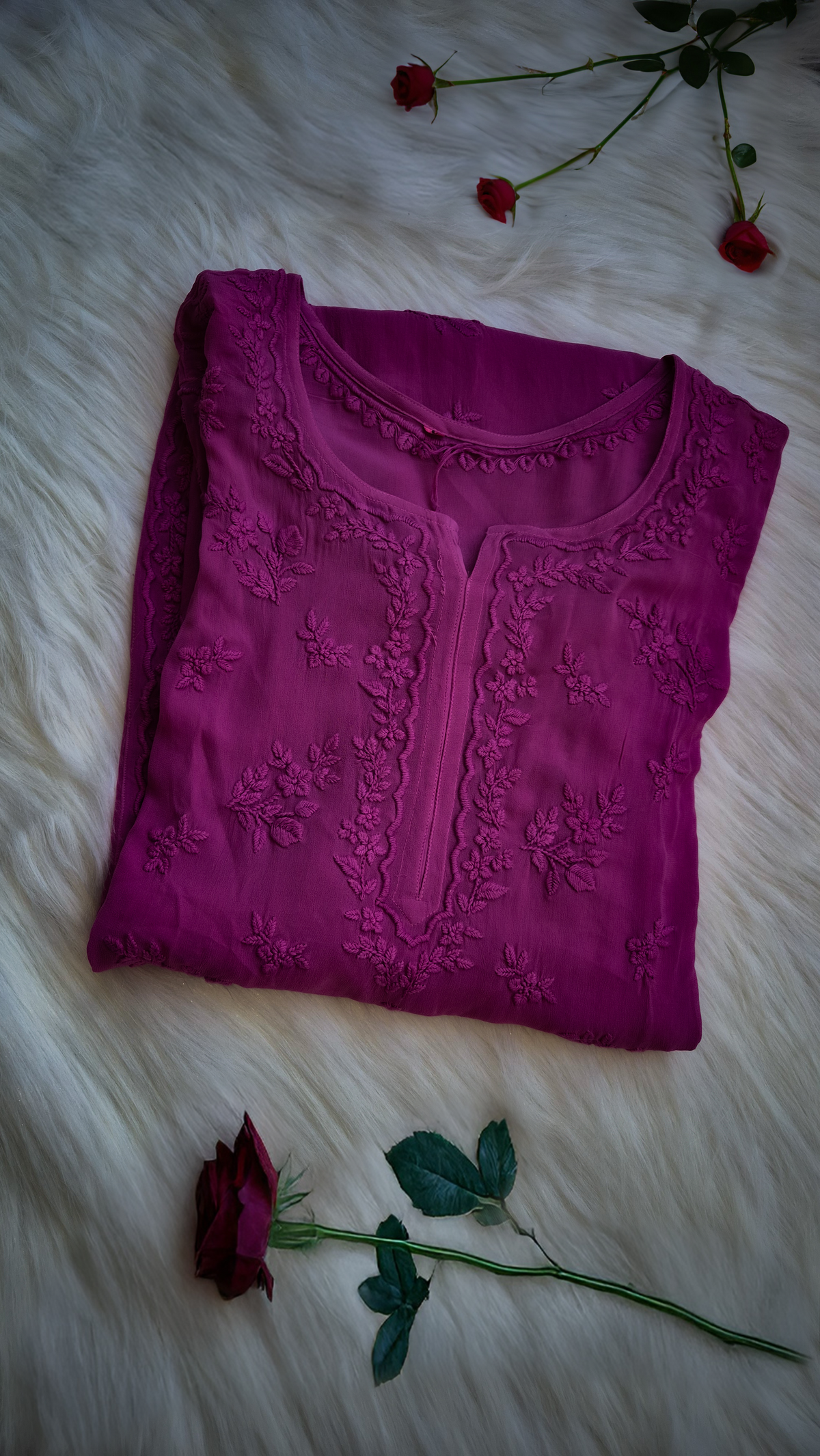 Palatinate Premium Georgette Chikankari Long Kurta by LVW Fashions featuring intricate hand-stitched Lucknow chikankari embroidery.