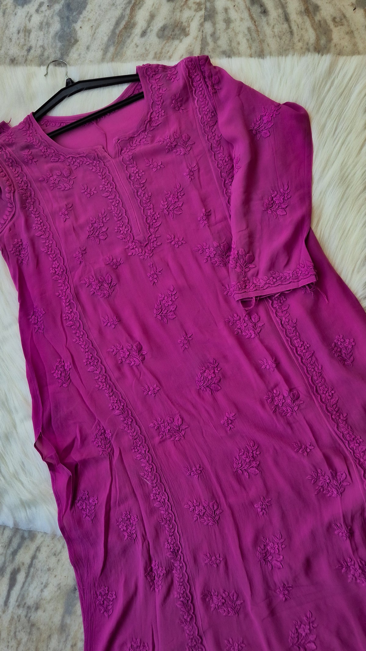 Handmade Palatinate Premium Georgette Chikankari Long Kurta by LVW Fashions with intricate Lucknow chikankari embroidery.