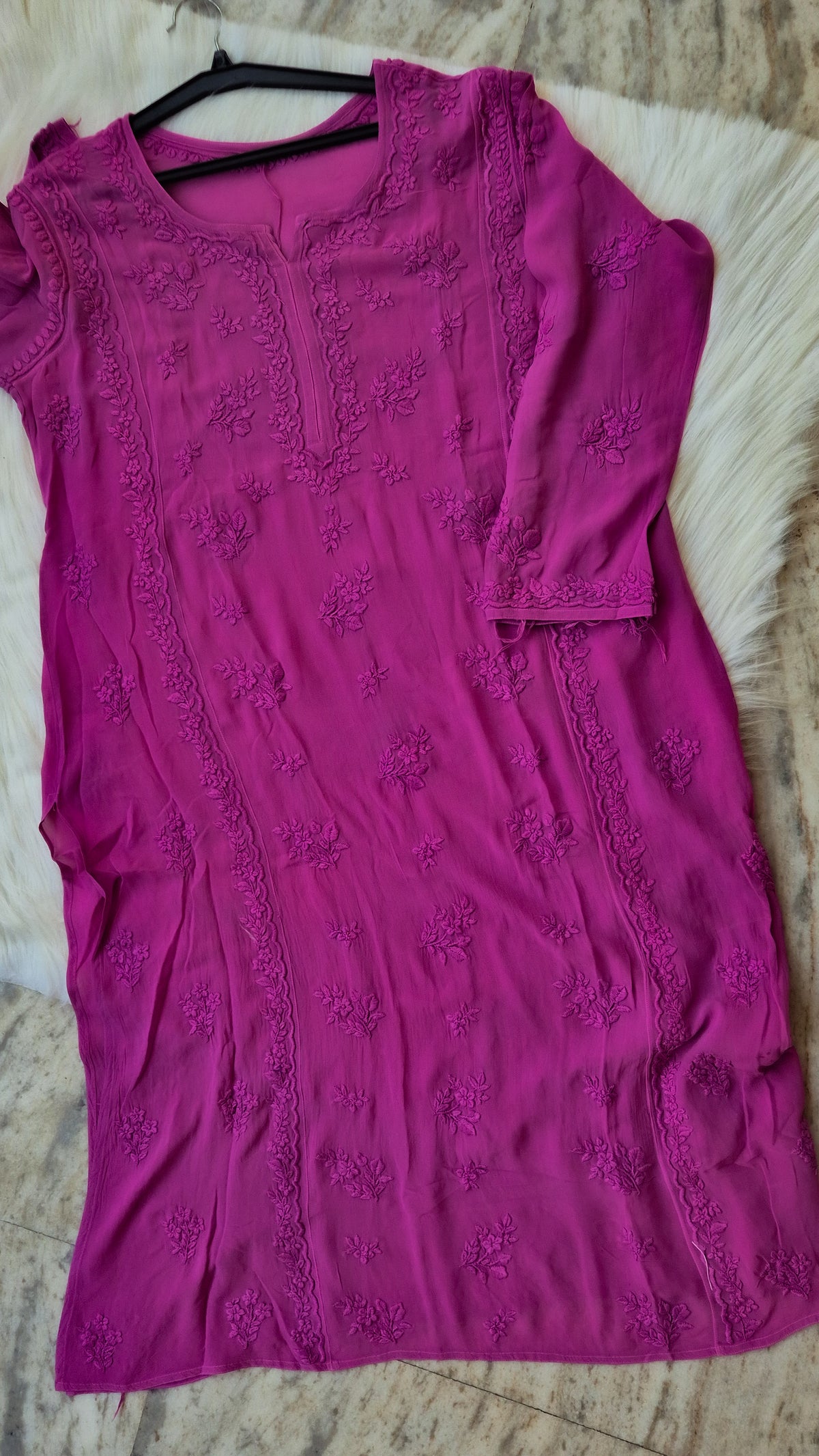 Palatinate Premium Georgette Chikankari Long Kurta by LVW Fashions, handmade Lucknow chikankari embroidery, in soft pastel color.