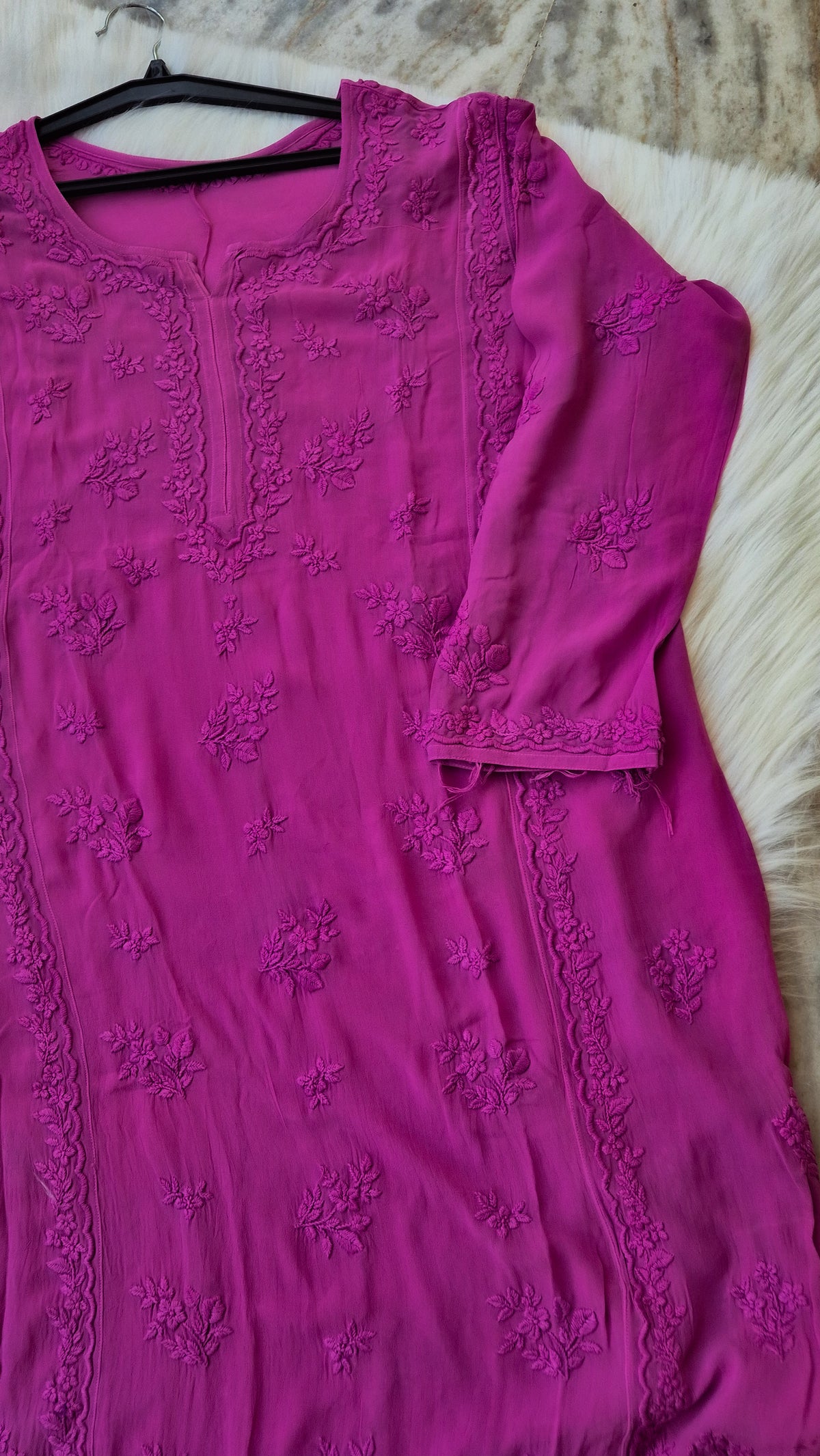 Handmade Palatinate Premium Georgette Chikankari Long Kurta by LVW Fashions, featuring intricate Lucknow Chikankari embroidery.