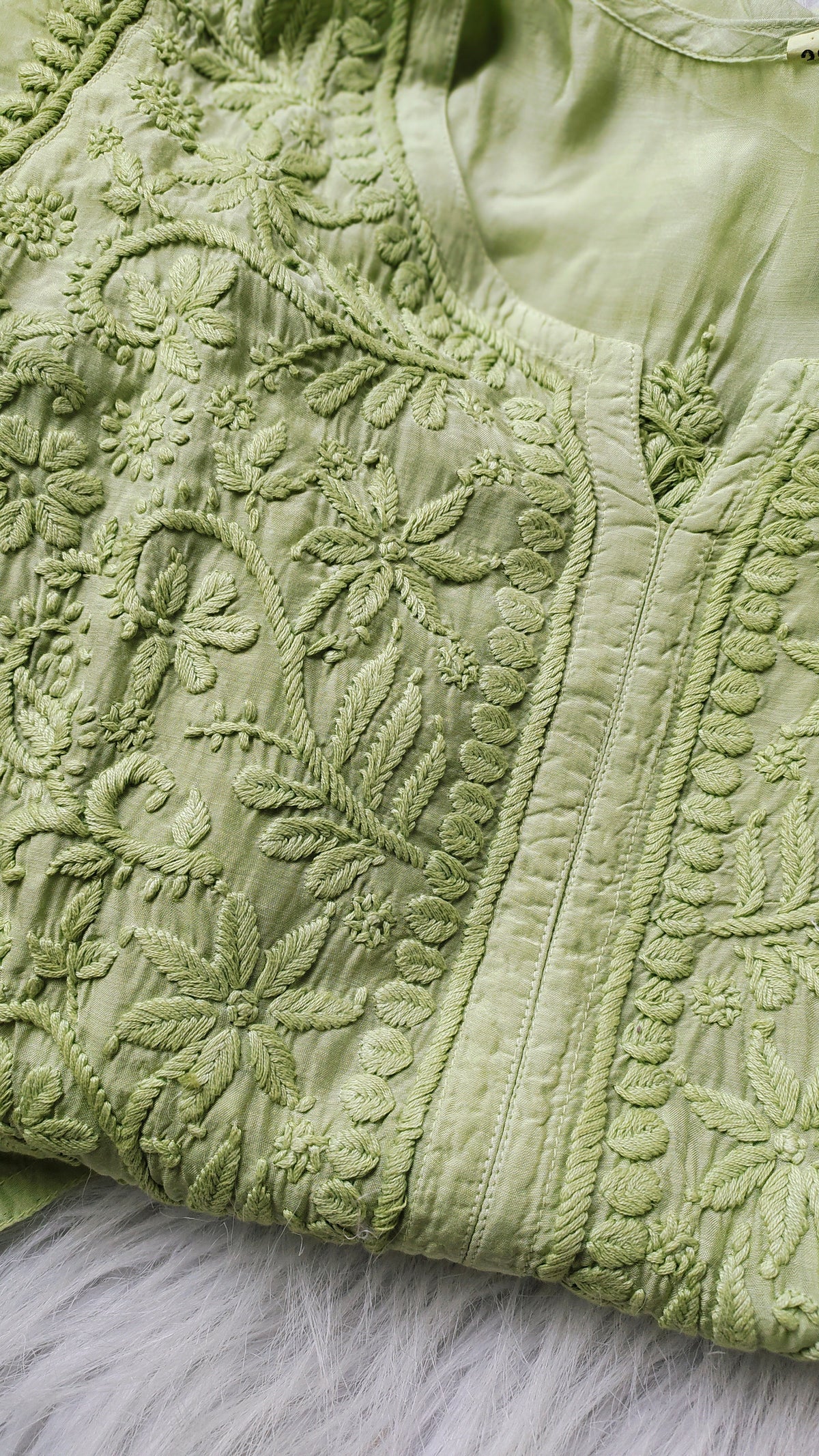Peach Ahad Premium Silk Chikankari Kurta by LVW Fashions with intricate handcrafted Lucknow chikankari embroidery.