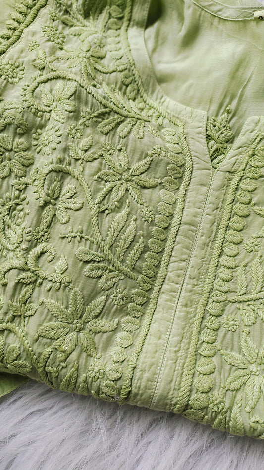 Peach Ahad Premium Silk Chikankari Kurta by LVW Fashions with intricate handcrafted Lucknow chikankari embroidery.
