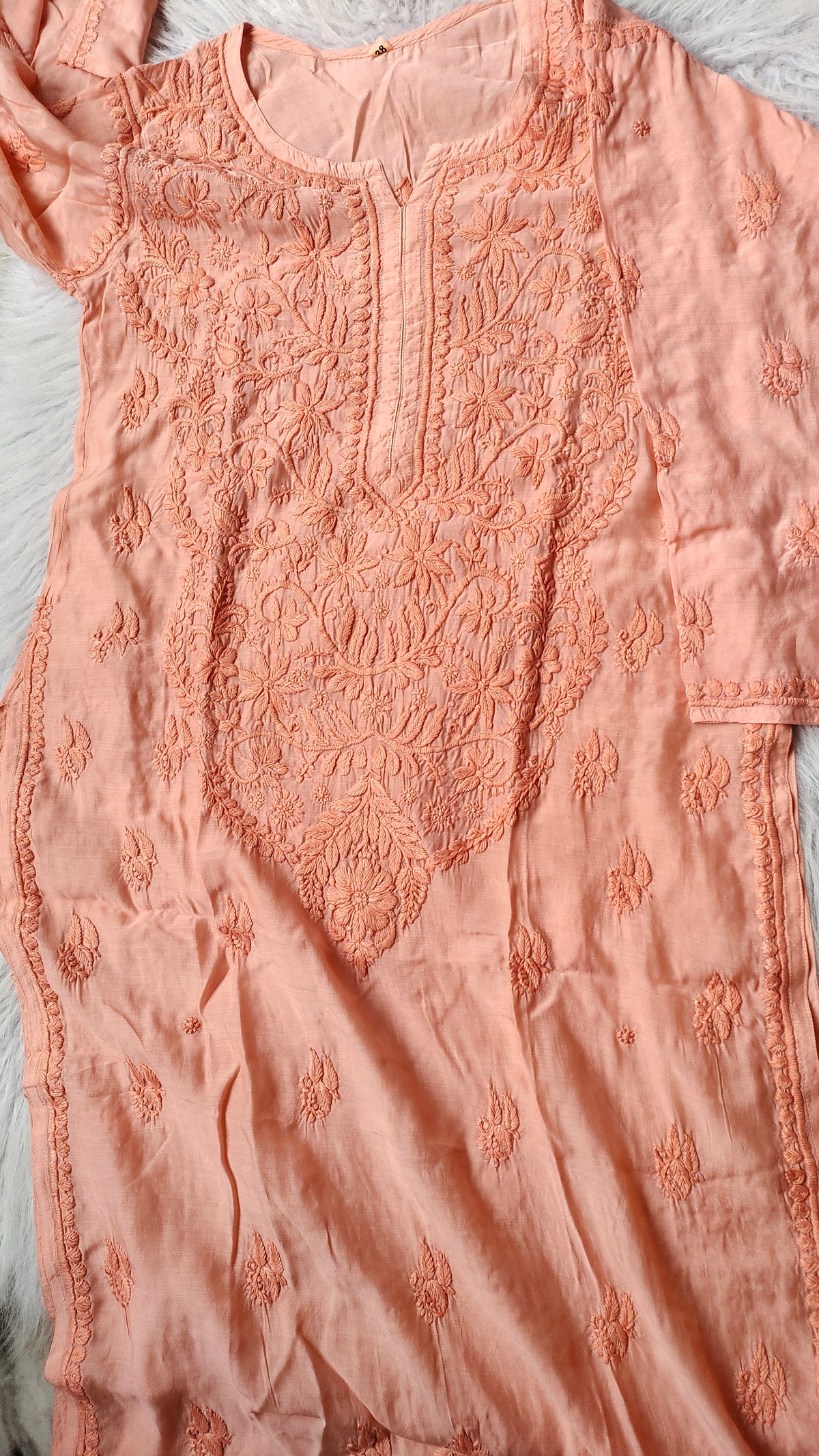 Peach Ahad Premium Silk Chikankari Kurta by LVW Fashions featuring intricate Lucknow Chikankari embroidery.