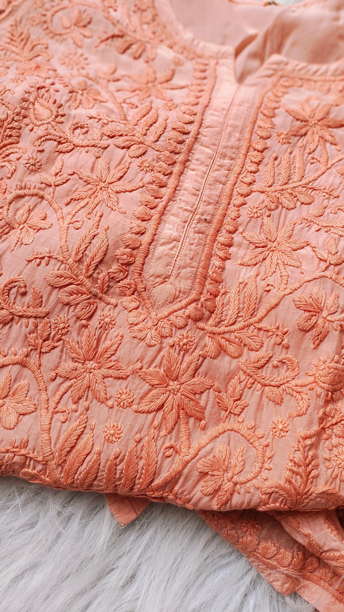 Peach Ahad premium silk Chikankari kurta by LVW Fashions with intricate handmade Lucknow embroidery, designed for elegant style.