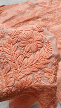 Peach Ahad Premium Silk Chikankari Kurta by LVW Fashions, handmade Lucknow Chikankari with intricate embroidery and delicate design.