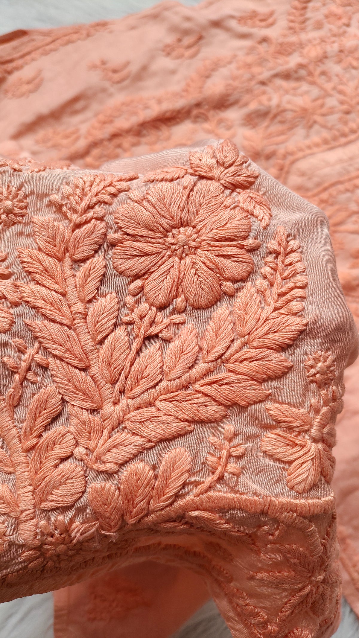Peach Ahad Premium Silk Chikankari Kurta by LVW Fashions, handmade Lucknow Chikankari with intricate embroidery and delicate design.