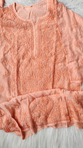 Peach Ahad Premium Silk Chikankari Kurta by LVW Fashions featuring intricate Lucknow-style embroidery on silk fabric.