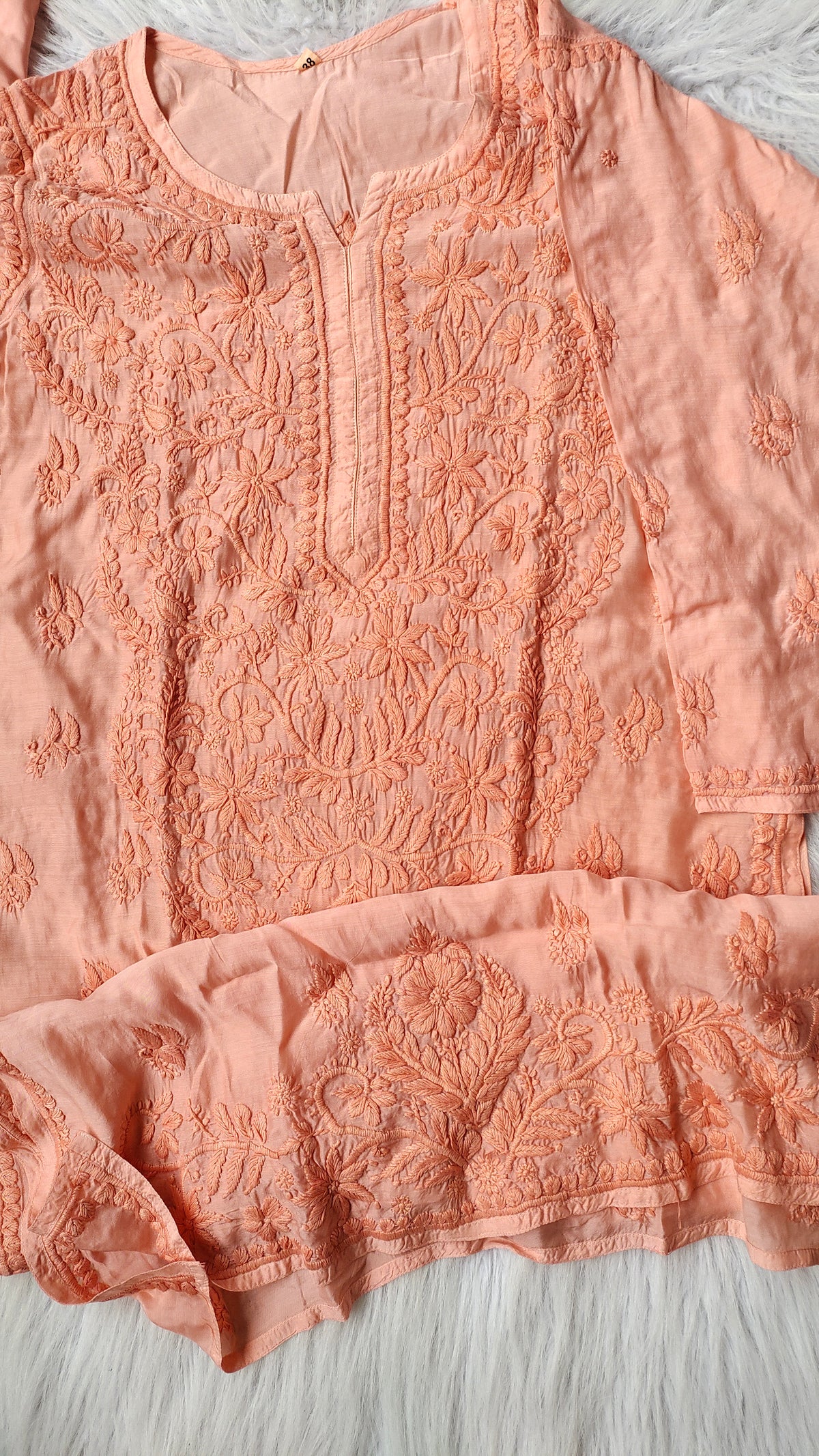 Peach Ahad Premium Silk Chikankari Kurta by LVW Fashions featuring intricate Lucknow-style embroidery on silk fabric.