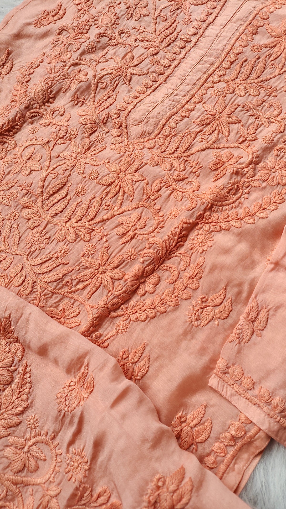 Peach Ahad Premium Silk Chikankari Kurta by LVW Fashions, handmade Lucknow chikankari embroidery, displayed on a mannequin.
