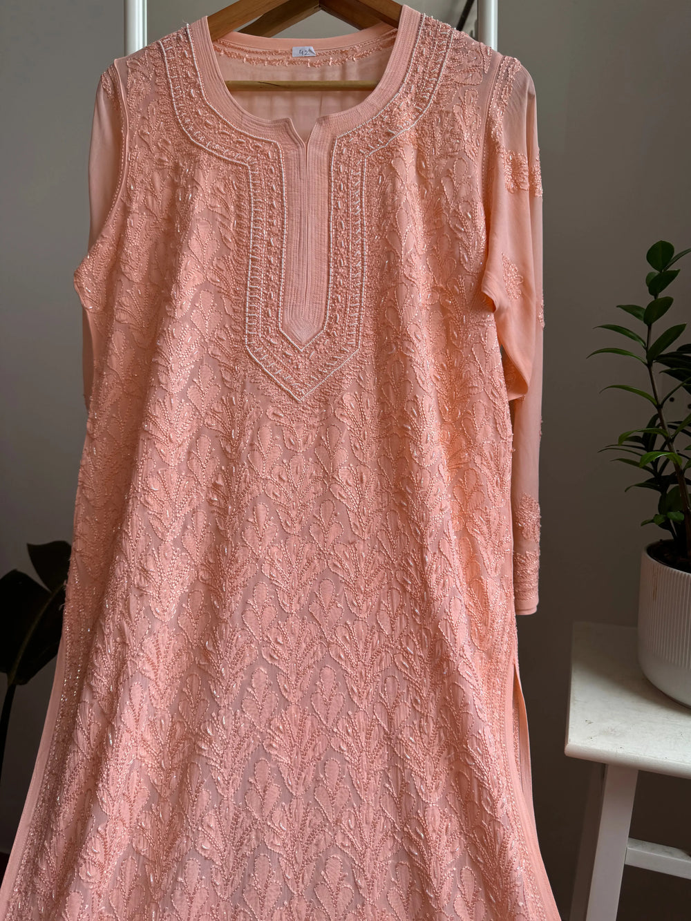 Peach Noori full Jaal pearl Cutdana Chikankari embroidery long kurta by LVW Fashions, handcrafted Lucknow Chikankari with luxurious details.