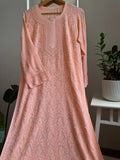 Peach Noori full Jaal pearl cutdana chikankari embroidery long handcrafted kurta by LVW Fashions, showcasing intricate Lucknow Chikankari details