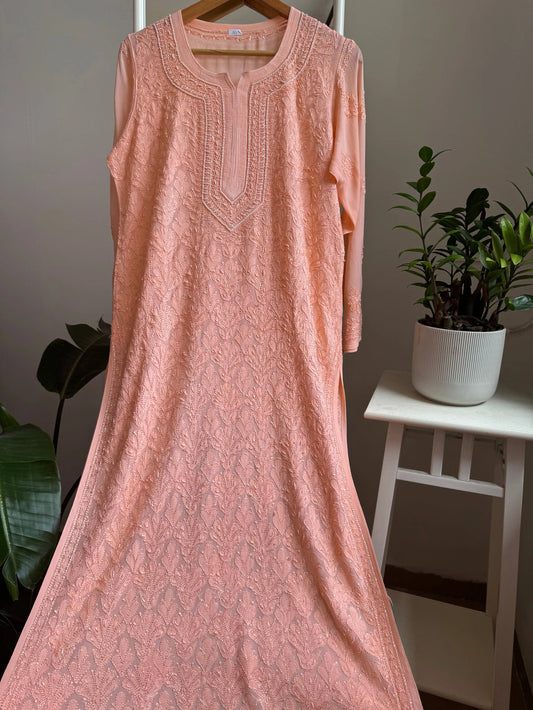 Peach Noori Full Jaal Pearl Cutdana Chikankari Embroidery Long Luxurious kurta Pure Handcrafted
