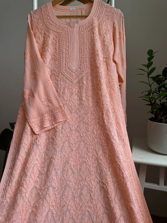 Peach Noori full Jaal pearl Cutdana Chikankari embroidery long kurta by LVW Fashions, handcrafted Lucknow style pure fabric.