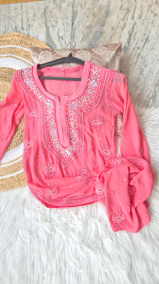 Pink Peaches Noori premium georgette Chikankari kurta by LVW Fashions with intricate Cutdana embroidery and handmade Lucknow craftsmanship.