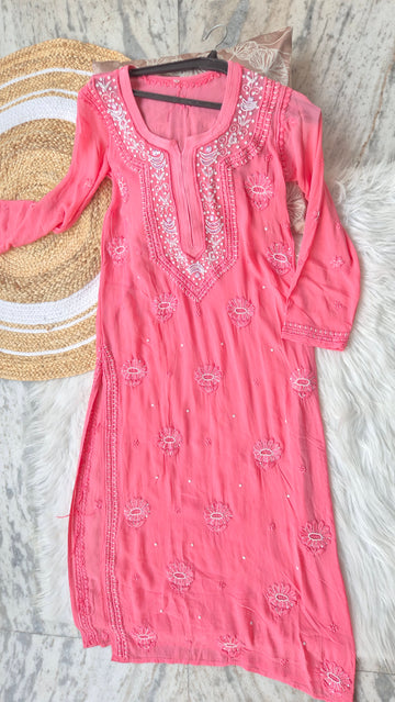 Peaches Pink  Noori  Premium Georgette Chikankari Kurta Cutdana Embroidery